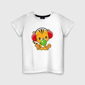 Детская футболка хлопок с принтом Тигренок в наушниках надувает жвачный пузырь , 100% хлопок | круглый вырез горловины, полуприлегающий силуэт, длина до линии бедер | 2022 | год тигра | новый год | новый год 2022 | символ года | тигр | тигренок | тигрица | тигры