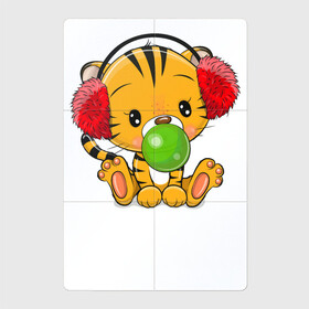 Магнитный плакат 2Х3 с принтом Тигренок в наушниках надувает жвачный пузырь , Полимерный материал с магнитным слоем | 6 деталей размером 9*9 см | 2022 | год тигра | новый год | новый год 2022 | символ года | тигр | тигренок | тигрица | тигры