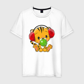 Мужская футболка хлопок с принтом Тигренок в наушниках надувает жвачный пузырь , 100% хлопок | прямой крой, круглый вырез горловины, длина до линии бедер, слегка спущенное плечо. | 2022 | год тигра | новый год | новый год 2022 | символ года | тигр | тигренок | тигрица | тигры