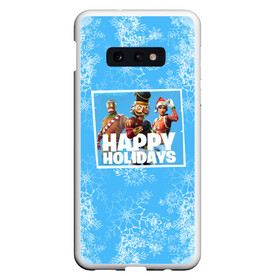 Чехол для Samsung S10E с принтом Happy holidays Fortnite , Силикон | Область печати: задняя сторона чехла, без боковых панелей | игра | персонажи | снег | снежинки | фото