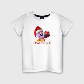 Детская футболка хлопок с принтом Merry christmas Brawl Stars. , 100% хлопок | круглый вырез горловины, полуприлегающий силуэт, длина до линии бедер | дед | коробка | надпись | персонаж | подарок | шапка