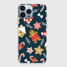Чехол для iPhone 13 Pro Max с принтом Merry Christmas ,  |  | Тематика изображения на принте: merry christmas | веселого рождества | домики | ели | елки | конфетки | перья | рождество | снеговики | снежинки