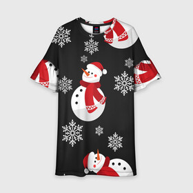 Детское платье 3D с принтом Снеговик , 100% полиэстер | прямой силуэт, чуть расширенный к низу. Круглая горловина, на рукавах — воланы | merry christmas | веселого рождества | рождество | снеговики | снежинки | шарфик