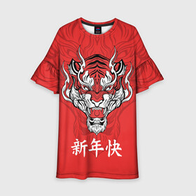 Детское платье 3D с принтом Красный тигр   дракон , 100% полиэстер | прямой силуэт, чуть расширенный к низу. Круглая горловина, на рукавах — воланы | 2022 | beast | chinese characters | chinese zodiac | dragon | head | muzzle | new year | predator | red tiger | stern look | year of the tiger | год тигра | голова | дракон | зверь | китайские иероглифы | красный тигр | новый год | по китайскому г