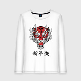 Женский лонгслив хлопок с принтом Красный тигр   дракон 2022 , 100% хлопок |  | 2022 | beast | chinese characters | chinese zodiac | dragon | head | muzzle | new year | predator | red tiger | stern look | year of the tiger | год тигра | голова | дракон | зверь | китайские иероглифы | красный тигр | новый год | по китайскому г