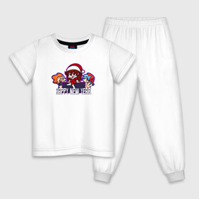 Детская пижама хлопок с принтом FNF Новый год , 100% хлопок |  брюки и футболка прямого кроя, без карманов, на брюках мягкая резинка на поясе и по низу штанин
 | Тематика изображения на принте: девушка | игра | надпись | персонажи | санта