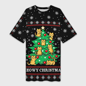 Платье-футболка 3D с принтом MEOWY CHRISTMAS  2022 ,  |  | 2020 | 2021 | 2022 | christmas | meow | meowy christmas | merry | кот | леденец | мяу | нг | новогодний | новый год | олени | рождество | свитер | узоры