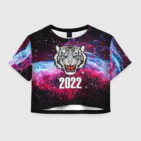 Женская футболка Crop-top 3D с принтом ЧЁРНЫЙ ТИГР НОВЫЙ ГОД 2022   GRAY TIGER NEW YEAR , 100% полиэстер | круглая горловина, длина футболки до линии талии, рукава с отворотами | Тематика изображения на принте: 2022 | beast | merry christmas | new year | red bow | santa hat | snow | tiger | winter | winter is coming | year of the tiger | год тигра | дед мороз | животные | звери | зверь | зима | зима 2022 | зима близко | новог | новогодни