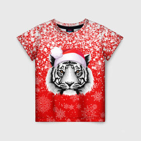 Детская футболка 3D с принтом НОВОГОДНИЙ ТИГР 2022   ЕШПУК 2022 , 100% гипоаллергенный полиэфир | прямой крой, круглый вырез горловины, длина до линии бедер, чуть спущенное плечо, ткань немного тянется | Тематика изображения на принте: 2022 | beast | merry christmas | new year | red bow | santa hat | snow | tiger | winter | winter is coming | year of the tiger | год тигра | дед мороз | животные | звери | зверь | зима | зима 2022 | зима близко | новог | новогодни