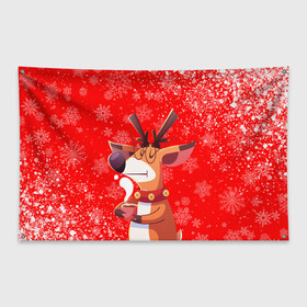 Флаг-баннер с принтом НОВОГОДНИЙ ОЛЕНЬ И ЧАШКА КОФЕ , 100% полиэстер | размер 67 х 109 см, плотность ткани — 95 г/м2; по краям флага есть четыре люверса для крепления | 2022 | beast | merry christmas | new year | red bow | santa hat | snow | tiger | winter | winter is coming | year of the tiger | год тигра | дед мороз | животные | звери | зверь | зима | зима 2022 | зима близко | новог | новогодни