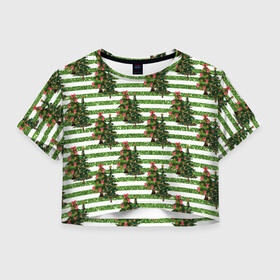 Женская футболка Crop-top 3D с принтом Елочки   новогоднее настроение , 100% полиэстер | круглая горловина, длина футболки до линии талии, рукава с отворотами | 2022 | год тигра | новый год | новый год 2022 | символ года | тигр | тигренок | тигрица | тигры