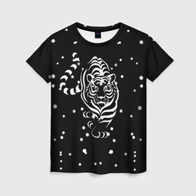 Женская футболка 3D с принтом Новый год 2022 (символ года) , 100% полиэфир ( синтетическое хлопкоподобное полотно) | прямой крой, круглый вырез горловины, длина до линии бедер | 2022 | зима | новый год | символ года | снег | тигр