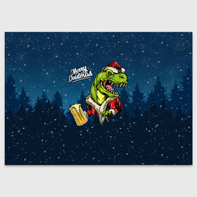 Поздравительная открытка с принтом Пивозавр Санта , 100% бумага | плотность бумаги 280 г/м2, матовая, на обратной стороне линовка и место для марки
 | Тематика изображения на принте: christmas | santa | дед мороз | динозавр | елка | зима | новый год | рождество | санта | снег | снежинка