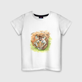 Детская футболка хлопок с принтом Портрет тигра с зелёными глазами , 100% хлопок | круглый вырез горловины, полуприлегающий силуэт, длина до линии бедер | Тематика изображения на принте: 2022 | глаза | животное | зверь | китайский календарь | кошка | новый год | оранжевый | полоски | символ года | тигр | хищник
