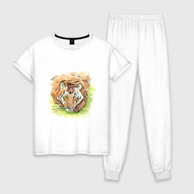 Женская пижама хлопок с принтом Портрет тигра с зелёными глазами , 100% хлопок | брюки и футболка прямого кроя, без карманов, на брюках мягкая резинка на поясе и по низу штанин | 2022 | глаза | животное | зверь | китайский календарь | кошка | новый год | оранжевый | полоски | символ года | тигр | хищник