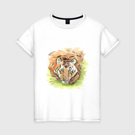 Женская футболка хлопок с принтом Портрет тигра с зелёными глазами , 100% хлопок | прямой крой, круглый вырез горловины, длина до линии бедер, слегка спущенное плечо | 2022 | глаза | животное | зверь | китайский календарь | кошка | новый год | оранжевый | полоски | символ года | тигр | хищник
