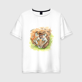 Женская футболка хлопок Oversize с принтом Портрет тигра с зелёными глазами , 100% хлопок | свободный крой, круглый ворот, спущенный рукав, длина до линии бедер
 | Тематика изображения на принте: 2022 | глаза | животное | зверь | китайский календарь | кошка | новый год | оранжевый | полоски | символ года | тигр | хищник