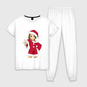 Женская пижама хлопок с принтом Анимешная девочка Санта , 100% хлопок | брюки и футболка прямого кроя, без карманов, на брюках мягкая резинка на поясе и по низу штанин | анимешная девочка | костюм | милашка | мио акияма | новый год | няшка | праздник | санта девушка | юи хирасава