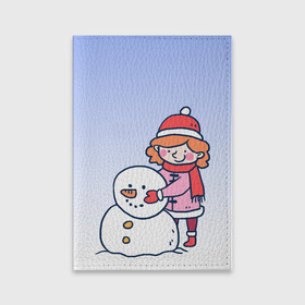 Обложка для паспорта матовая кожа с принтом Девочка лепит снеговика , натуральная матовая кожа | размер 19,3 х 13,7 см; прозрачные пластиковые крепления | Тематика изображения на принте: 2022 | девочка | зима | зимние забавы | милота | рисунок | снег | снеговик | снежок | холод