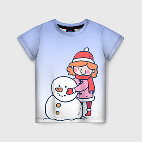 Детская футболка 3D с принтом Девочка лепит снеговика , 100% гипоаллергенный полиэфир | прямой крой, круглый вырез горловины, длина до линии бедер, чуть спущенное плечо, ткань немного тянется | 2022 | девочка | зима | зимние забавы | милота | рисунок | снег | снеговик | снежок | холод