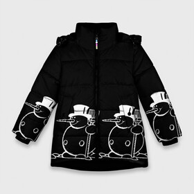 Зимняя куртка для девочек 3D с принтом Снеговик на черном фоне , ткань верха — 100% полиэстер; подклад — 100% полиэстер, утеплитель — 100% полиэстер. | длина ниже бедра, удлиненная спинка, воротник стойка и отстегивающийся капюшон. Есть боковые карманы с листочкой на кнопках, утяжки по низу изделия и внутренний карман на молнии. 

Предусмотрены светоотражающий принт на спинке, радужный светоотражающий элемент на пуллере молнии и на резинке для утяжки. | Тематика изображения на принте: snowman | зима | минимализм | новый год | снеговик