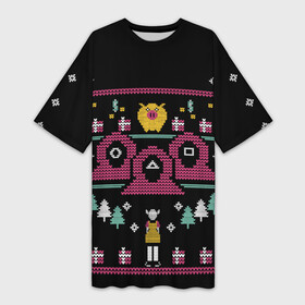 Платье-футболка 3D с принтом ИГРА В КАЛЬМАРА  НОВОГОДНЯЯ ,  |  | 2020 | 2021 | 2022 | christmas | merry | squid game | игра в кальмара | игра на выживание | леденец | нг | новогодний | новый год | рождество | свитер | стражи | узоры