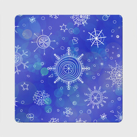 Магнит виниловый Квадрат с принтом Белые простые снежинки на синем фоне , полимерный материал с магнитным слоем | размер 9*9 см, закругленные углы | белые снежинки | зимний | зимний паттерн | новогодний | паттерн со снежинками | светящееся снежинки | синий фон | снегопад | снегопад на синем фоне | снежинки | снежинки карандашом