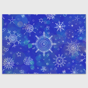 Поздравительная открытка с принтом Белые простые снежинки на синем фоне , 100% бумага | плотность бумаги 280 г/м2, матовая, на обратной стороне линовка и место для марки
 | белые снежинки | зимний | зимний паттерн | новогодний | паттерн со снежинками | светящееся снежинки | синий фон | снегопад | снегопад на синем фоне | снежинки | снежинки карандашом