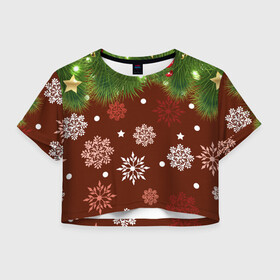 Женская футболка Crop-top 3D с принтом Зимнее Настроение (Елка) , 100% полиэстер | круглая горловина, длина футболки до линии талии, рукава с отворотами | 2022 | елка | зимнее настроение | новогоднее настроение | новый год 2022 | снежинки