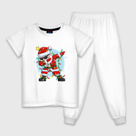 Детская пижама хлопок с принтом DAB SANTA CLAUS В ГЕРЛЯНДЕ , 100% хлопок |  брюки и футболка прямого кроя, без карманов, на брюках мягкая резинка на поясе и по низу штанин
 | Тематика изображения на принте: 2022 | beast | merry christmas | new year | red bow | santa hat | snow | tiger | winter | winter is coming | year of the tiger | год тигра | дед мороз | животные | звери | зверь | зима | зима 2022 | зима близко | новог | новогодни