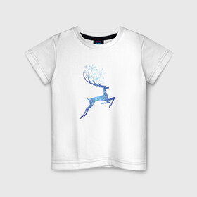 Детская футболка хлопок с принтом Снежный Волшебный Олень , 100% хлопок | круглый вырез горловины, полуприлегающий силуэт, длина до линии бедер | Тематика изображения на принте: волшебный олень | животное | новый год | новый год 2022 | олень | рисунок | снежинки
