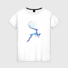 Женская футболка хлопок с принтом Снежный Волшебный Олень , 100% хлопок | прямой крой, круглый вырез горловины, длина до линии бедер, слегка спущенное плечо | волшебный олень | животное | новый год | новый год 2022 | олень | рисунок | снежинки