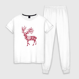 Женская пижама хлопок с принтом Снежный Олень , 100% хлопок | брюки и футболка прямого кроя, без карманов, на брюках мягкая резинка на поясе и по низу штанин | волшебный олень | животное | новый год | олень | снежинки | снежный олень