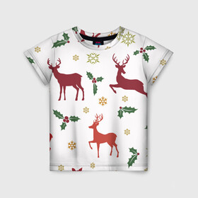 Детская футболка 3D с принтом Новогодние Олени (Снежинки) , 100% гипоаллергенный полиэфир | прямой крой, круглый вырез горловины, длина до линии бедер, чуть спущенное плечо, ткань немного тянется | животное | новогоднее настроение | новогодние олени | новый год | олени | снежинки