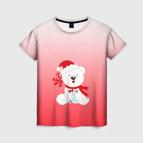 Женская футболка 3D с принтом Белый мишка с подарком , 100% полиэфир ( синтетическое хлопкоподобное полотно) | прямой крой, круглый вырез горловины, длина до линии бедер | белый мишка | градиент | зима | коробочка | медведь | милота | нейтральный | новый год | подарок | полярный мишка | рисунок | снежинка | сюрприз | шапочка