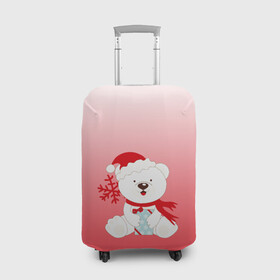 Чехол для чемодана 3D с принтом Белый мишка с подарком , 86% полиэфир, 14% спандекс | двустороннее нанесение принта, прорези для ручек и колес | белый мишка | градиент | зима | коробочка | медведь | милота | нейтральный | новый год | подарок | полярный мишка | рисунок | снежинка | сюрприз | шапочка