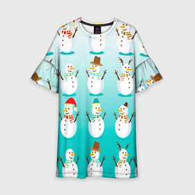 Детское платье 3D с принтом Веселые снеговички узор , 100% полиэстер | прямой силуэт, чуть расширенный к низу. Круглая горловина, на рукавах — воланы | 2022 | веселье | градиент | зима | новый год | праздники | снег | снеговики | снеговички | традиции | узор | узорчик