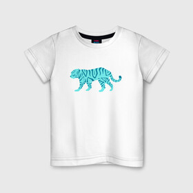 Детская футболка хлопок с принтом водяной тигр 2022 , 100% хлопок | круглый вырез горловины, полуприлегающий силуэт, длина до линии бедер | 2022зима | blue water tiger | year of the tiger | водный тигр | год тигра | ёлка | кошка | новыйгод | синие полоски | тигр