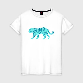 Женская футболка хлопок с принтом водяной тигр 2022 , 100% хлопок | прямой крой, круглый вырез горловины, длина до линии бедер, слегка спущенное плечо | 2022зима | blue water tiger | year of the tiger | водный тигр | год тигра | ёлка | кошка | новыйгод | синие полоски | тигр