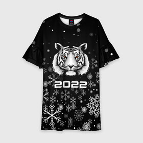 Детское платье 3D с принтом Новогодний тиг 2022 со снежинками. , 100% полиэстер | прямой силуэт, чуть расширенный к низу. Круглая горловина, на рукавах — воланы | 2022 | merry christmas | год тигра | нг | новогодний тигр | новогодняя символика | новый год | рождество | символ 2022 года | снежинки | тигр