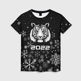Женская футболка 3D с принтом Новогодний тиг 2022 со снежинками. , 100% полиэфир ( синтетическое хлопкоподобное полотно) | прямой крой, круглый вырез горловины, длина до линии бедер | 2022 | merry christmas | год тигра | нг | новогодний тигр | новогодняя символика | новый год | рождество | символ 2022 года | снежинки | тигр