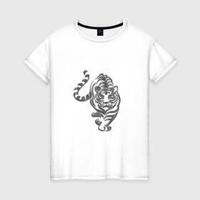 Женская футболка хлопок с принтом Символ года (тигр) , 100% хлопок | прямой крой, круглый вырез горловины, длина до линии бедер, слегка спущенное плечо | 2022 | зима | новый год | символ года | снег | тигр