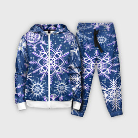 Детский костюм 3D с принтом Белые снежинки на темно синем фоне ,  |  | белое на темном | белые снежинки | зима | зимний мотив | зимний паттерн | зимний узор | зимняя | падают снежинки | паттерн снежинки | снег | снегопад | снежинки | снежная | темно синий