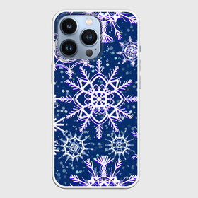 Чехол для iPhone 13 Pro с принтом Белые снежинки на темно синем фоне ,  |  | белое на темном | белые снежинки | зима | зимний мотив | зимний паттерн | зимний узор | зимняя | падают снежинки | паттерн снежинки | снег | снегопад | снежинки | снежная | темно синий