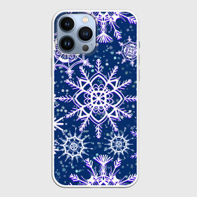 Чехол для iPhone 13 Pro Max с принтом Белые снежинки на темно синем фоне ,  |  | белое на темном | белые снежинки | зима | зимний мотив | зимний паттерн | зимний узор | зимняя | падают снежинки | паттерн снежинки | снег | снегопад | снежинки | снежная | темно синий