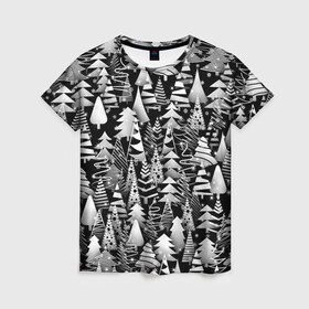 Женская футболка 3D с принтом Лес абстрактных ёлок , 100% полиэфир ( синтетическое хлопкоподобное полотно) | прямой крой, круглый вырез горловины, длина до линии бедер | абстракция | ёлка | ель | лес | новогодний | новый год | паттерн | рождество | снег | снежинки | чернобелый