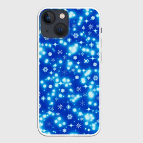 Чехол для iPhone 13 mini с принтом Сверкающие снежинки ,  |  | blue | christmas | cold | ice | new year | snow | snowflakes | stars | winter | блеск | звезды | зима | зимний орнамент | иней | космические снежинки | кристаллы | лед | мороз | новогодний узор | новый год | подарок | рождество