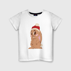 Детская футболка хлопок с принтом Новогодний зайчик 2022 , 100% хлопок | круглый вырез горловины, полуприлегающий силуэт, длина до линии бедер | Тематика изображения на принте: 2022 | заяц | кролик | новый год