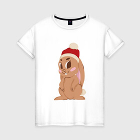 Женская футболка хлопок с принтом Новогодний зайчик 2022 , 100% хлопок | прямой крой, круглый вырез горловины, длина до линии бедер, слегка спущенное плечо | Тематика изображения на принте: 2022 | заяц | кролик | новый год