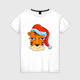 Женская футболка хлопок с принтом Забавный тигр 2022 , 100% хлопок | прямой крой, круглый вырез горловины, длина до линии бедер, слегка спущенное плечо | 2022 | год тигра | новый год | новый год 2022 | символ года | тигр | тигренок | тигрица | тигры
